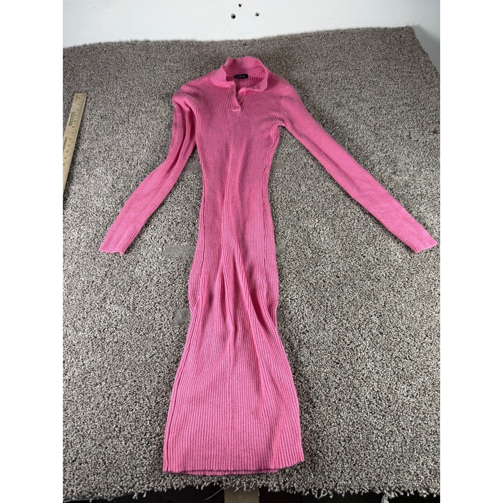 Boohoo Ribbed Knit Midi Dress Womens Pink Collar Polo Long Sleeve Bodycon - S